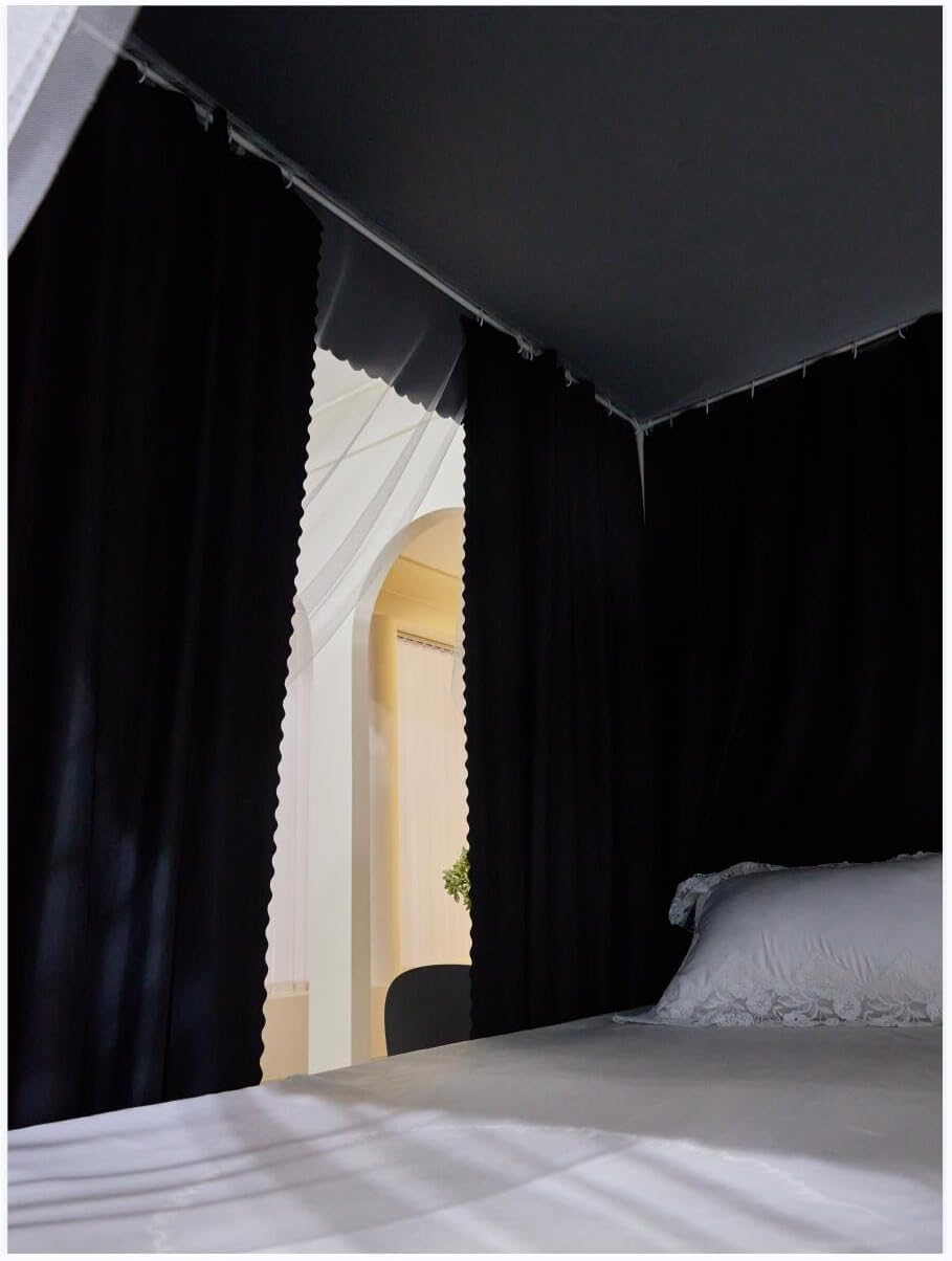 Blackout Canopy Bed Curtains 4 Corners Post Bed Canopy Curtains Lightproof Canopy Curtains Drapes Bed Canopy for Adults & Girls Bedroom Decoration (lightproof Black, Queen)