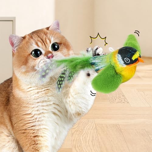 FOSDICK 3 Pièces Oiseau Volant pour Chat, Jouet Chat Interactif, Jouets pour Chats en Peluche, Simulation Peluche Oiseau Gazouillis Jouet Chaton, Cat Toy avec Herbe à Chat pour Griffer, Jouer, Mâcher – Image 5