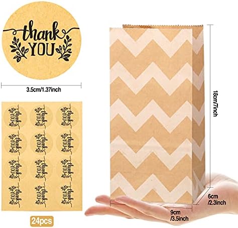 HXC 24 PCS Mini Wave Pattern Brown Paper Bags Small Kraft Paper Bag for Gifts 3.5 x 2.4 x 7.1 Inches Candy Paper Bags with Thank You Label Stickers Party Bags for Birthday Wedding