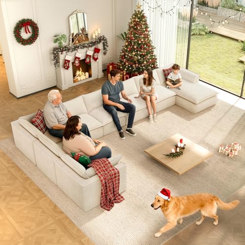 Image of Vesgantti 141.7 inch Oversized Sectional Boneless Couch, Modern 7 Seater Modular Sofa with Chaise, Deep Seat Convertible Plush Corduroy Cloud Couches for Living Room, No Assembly Required, Beige