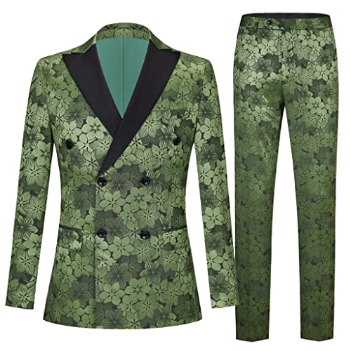 Men's Green Flower Breasted Suit Men's Set Two Piece Breasted Set Set Suit Pants Set