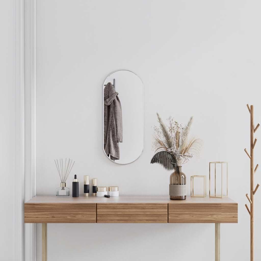 Espejo de pared ovalado, plata, 70 x 30 cm, vidrio transparente con marco de PVC resistente, diseño moderno para baño, pasillo, área de maquillaje y dormitorio, espejo montado en la pared