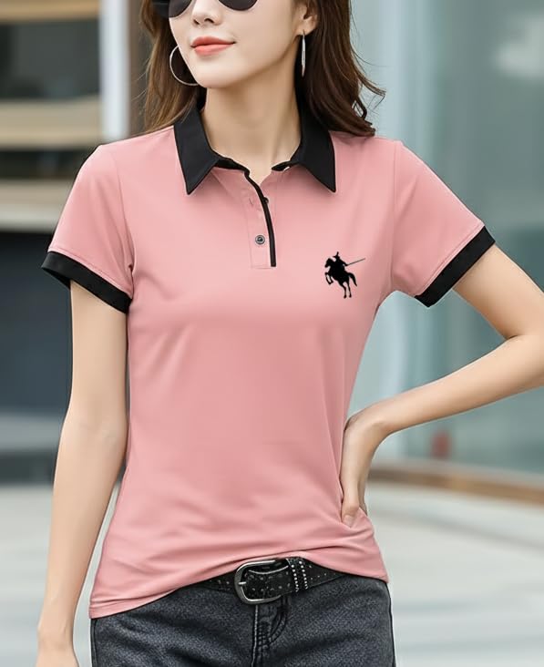 Image of GLASGO Pure Cotton Regular Fit Plain Solid Classic Polo Collar Half Sleeve T-Shirt for Women (Colors: Black, Brown, Peach, Pink)