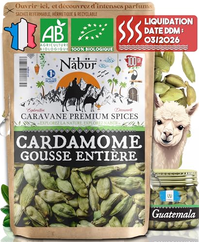 100 gr Cardamome en Gousse BIO, Cardamome Entière, Puissant, Riche, Café, Chai Masala - NABÜR