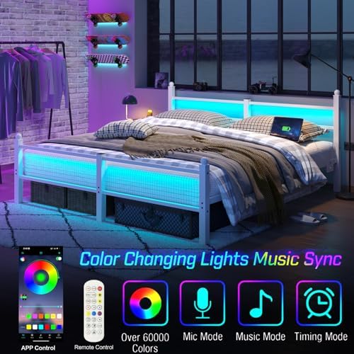 CollaredEagle King Bed Frame with Charging Station and LED Lights, Metal Platform Bed Frame with Non-Slip Mattress Gaskets, No Box Spring Needed, Easy Assembly White