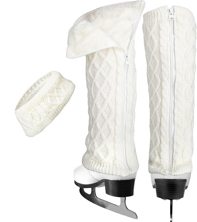 Image of TUYUU Zipper Leg Warmers and Headband Set, Fleece Lined Knit Legwarmers for Figure Skating, Ice Skating, Dance & Hockey