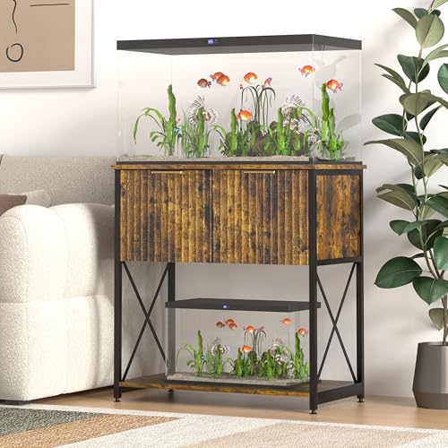 Piskyet 20-29 Gallon Fish Tank Stand,Metal Frame Aquarium Stand,Cabinet for Fish Tank Accessories Storage,Suitable for Turtle Reptile Tank Stand Terrarium Stand,340Lbs,Rustic Brown