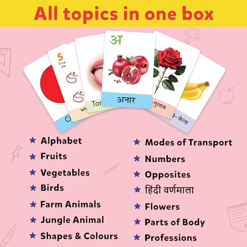 Image of Flash Cards for 3 Year Old | 72 Double-Sided English-Hindi Flashcards with 120+ Pictures | Alphabet, Animals, Fruits & Learning Cards for Kids | Preschool Educational Toy