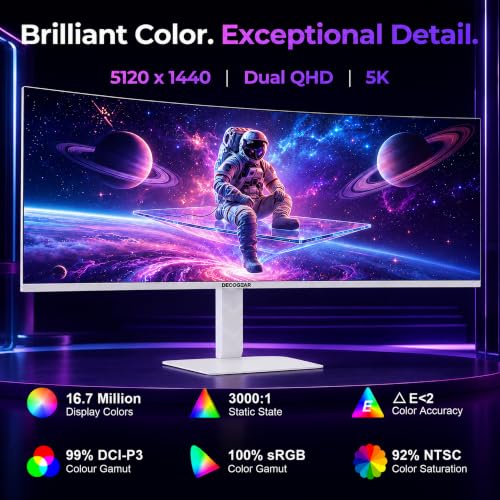 Image of Deco Gear 49 inch Curved Ultrawide 5K Gaming Monitor, 32:9, 120 Hz, 101% NTSC 100% sRGB, USB-C 65W, Adjustable, Home Office and Entertainment Workstation - Exclusive White Edition