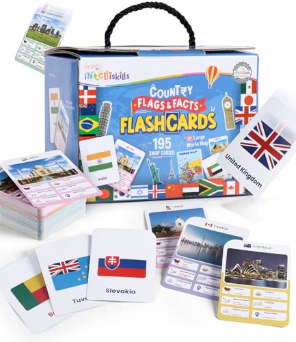 Image of Intelliskills Premium 195 Country Flags & Facts Flashcards with Large World Map for Kids, World Flags Learning Set for Boys & Girls, Fun Geography & Culture Study, Double-Sided, Ideal for Gifting