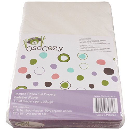 Osocozy Bamboo/Organic Cotton Flat Cloth Diapers - Birdseye Weave - 32 X 35 Inch One-Layered Nappies, Super Soft 70% Bamboo, 30% Organic Cotton, Unbleached Natural Color. 6 Count #TOP1