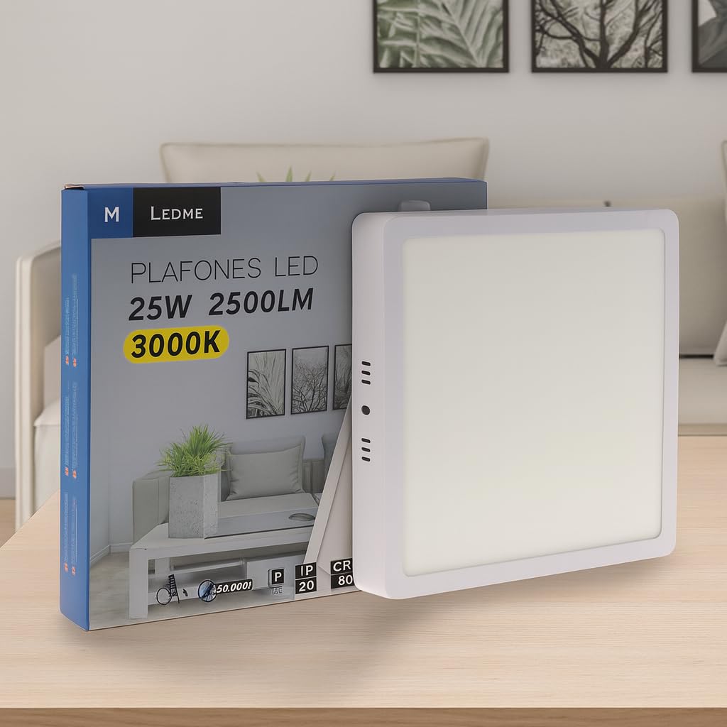 M Ledme - Panel de Superficie Serie Slim Cuadrado 25W, 2500lm, Luz Cálida (3000k). Lámpara de techo de interiores IP20. Ideal para Cocina, Dormitorio., Baño. Instalación sencilla, LM5258.