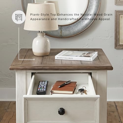 Image of Signature Design by Ashley Bolanburg End Table for Living Room, Two-Tone Distressed Wood Side Table with Smooth-Gliding Drawer, Farmhouse Plank-Style Top, Ideal Night Stand Use, Antique White /Oak