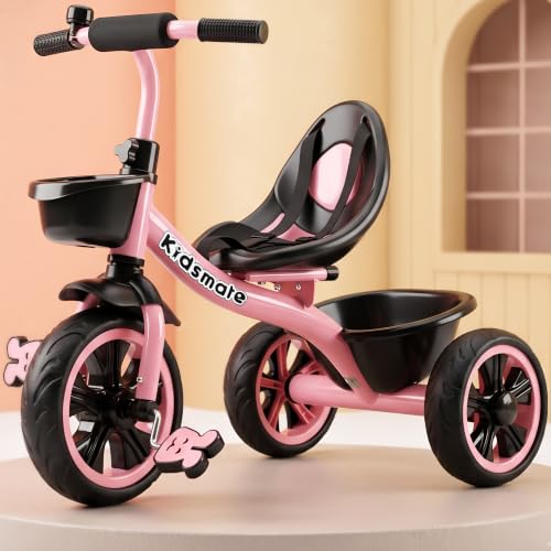Image of Kidsmate Zoom Trike Cycle for Kids 2-5 Years | Tricycle for Kids | Tricycle for Boys & Girls | Baby Cycle with Anti-Skid EVA Wheels, Bell, Front & Rear Basket, Comfortable Seat | 30kg Capacity - Pink