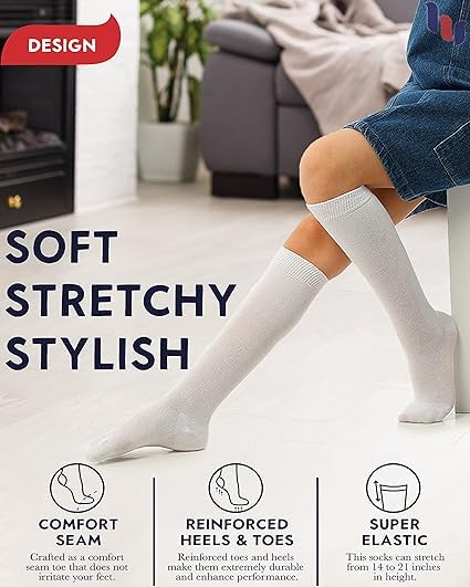 WKLOUYHE Kid's Knee High Cotton Socks for Girls Boys and Toddlers, Solid Color Long School Uniform Socks_Pack Of 04,White_16-17 Years 1
