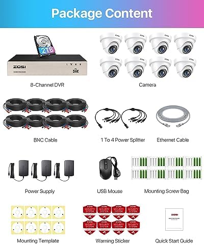 ZOSI 8CH 1080P Security Camera System with Hard Drive 2TB,H.265+ 8 Channel 5MP Lite HD-TVI DVR Recorder and 8pcs 1920TVL Weatherproof CCTV Dome Cameras Indoor Outdoor, 80ft Night Vision