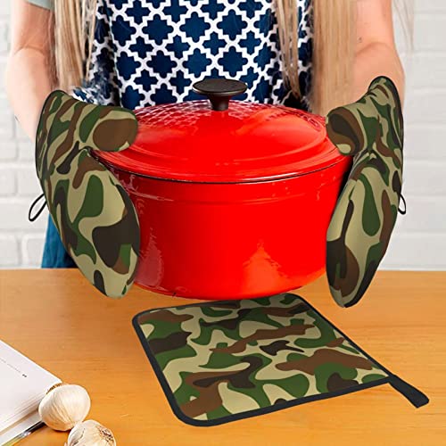 Abstract Camouflage Printed Oven Mitts And Pot Holders Set Of 3 Heat Resistance Oven Mitts And Potholder For Kitchen Bbq Cooking Baking #TOP6