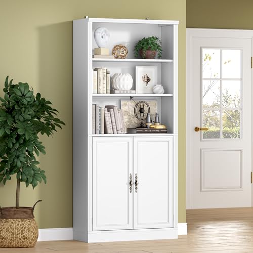 Image of BORNOON 70.1 inch Tall Bookshelf with Cabinet, 5-Tier Floor Standing Bookcase with Doors & Adjustable Shelves, 31.5 inch Wide Storage Shelf, Metal Handles, Modern Organizer for Home Office, Living Room