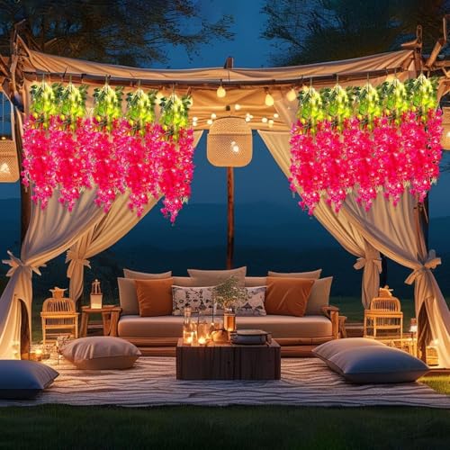 Image of SATYAM KRAFT 12 Pcs (43.2 inch) Artificial Wisteria Vine Garland | Long Silk Hanging Flowers String for Wedding Decoration Items, Mandap, Birthday Party, Festival Event & Home Decor (Rani)