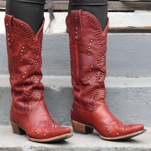 Cowboy Boots for Women- Knee High Western Cowgirl Boots Pointed Toe Chunky Heel Pull on Zipper Fashion Vintage Embroidered Country Shoes3
