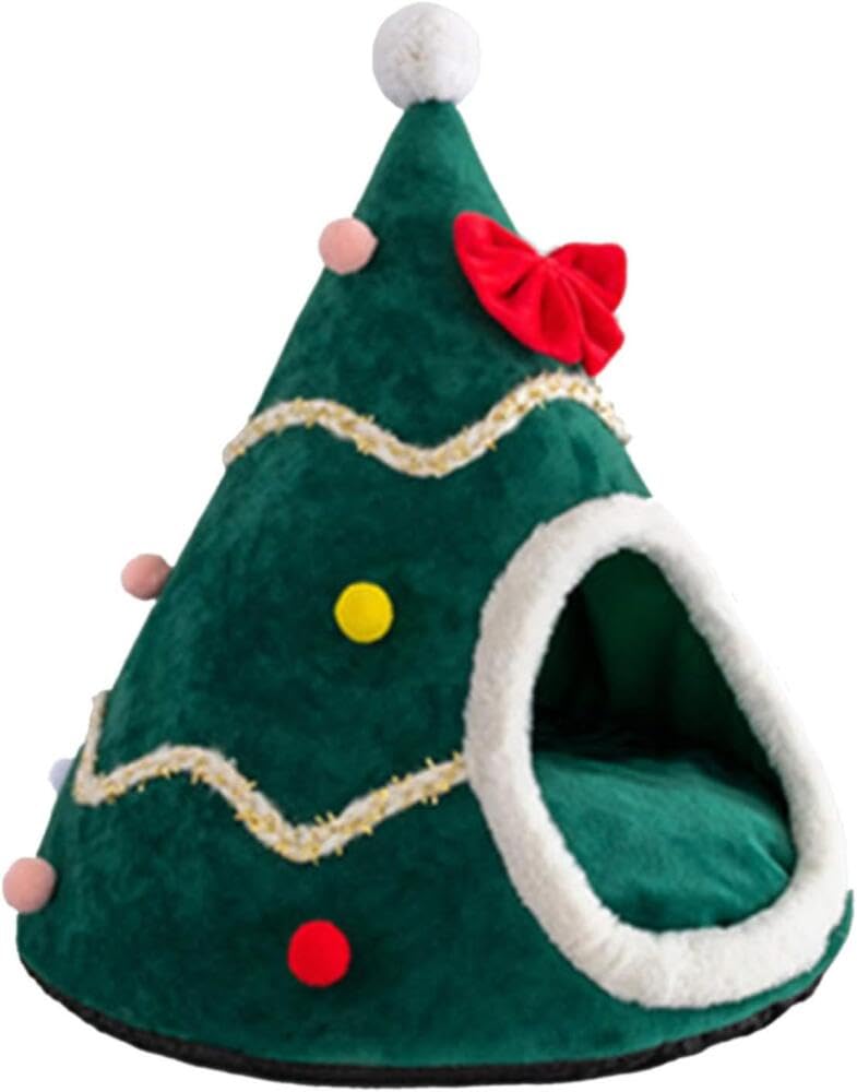 Christmas Tree Dog Bed, Warm Pet Cave with Removable Cushion, Washable Plush Dog House for Small to Large Dogs and Cats, Hollow Fibre Cotton Filled, Deform Resistant, Green