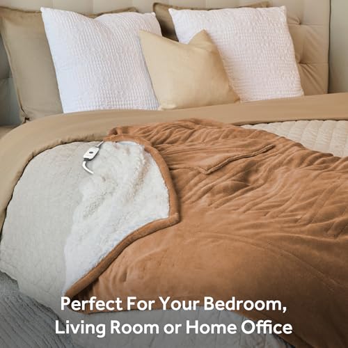 Image of Sunbeam Electric Throw Royal Mink Sherpa Heated Blanket, 4 Heat Settings, 4-Hour Auto Shut-Off, Fast Heating, Luxurious and Ultra Comfy, Honey Color, 50 inch x 60 inch