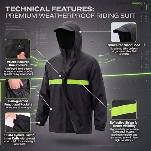 Image of HACER 100% Waterproof Raincoat for Men & Women | Unisex Full Sleeves Rain Suit Set with Pant for Bike Riding, Travel, Camping, Trekking & Hiking Rainwear (XL, Black)