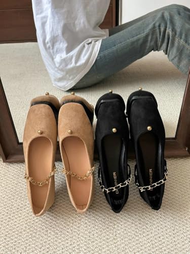 Ballet Flats for Women Comfortable Suede Flats Square Toe Mary Jane Flats with Chain Strap Casual Dressy Flat Shoes 20254