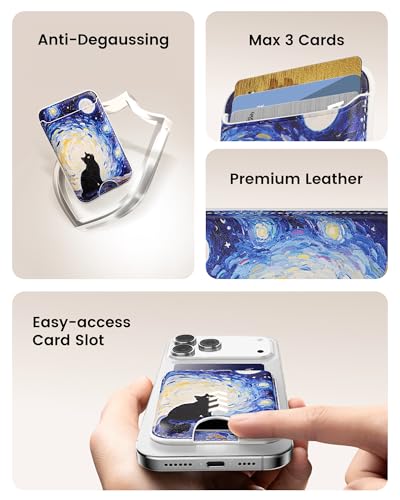 Image of Magnetic Mag-safe Wallet Cell Phone Card Holder for Phone Case with Mag-Safe, Stronger Magnetic RFID Leather Stick on Phone Wallet Compatible with iPhone 17 /16 /15 /14 /13 /12 Series, Midnight Cat Color