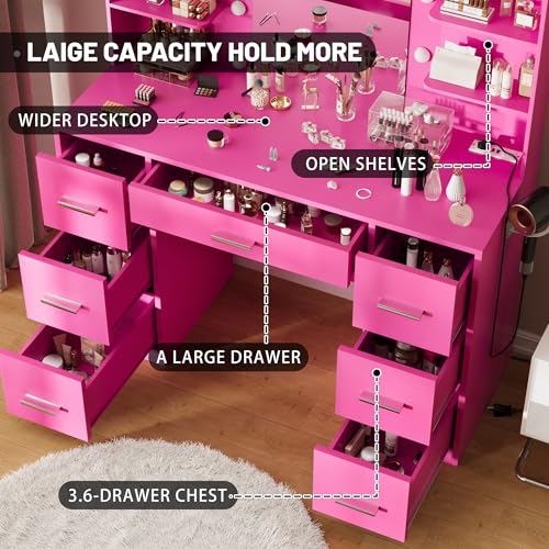 Image of Furmax Vanity Desk with Mirror, LED Lights and Power Outlet Makeup Vanity Table with 7 Drawers and 6 Storage Shelves Dressing Table for Bedroom Dressing Room (Rose Pink)