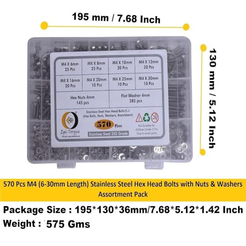 Image of Metric M4 Stainless Alloy Steel 202 Grade Full Threaded Hex Bolts Nuts and Washer Assortment Kit Set with Storage Box Pack of 570 Pcs