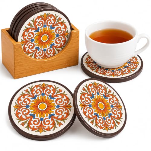 Image of Coaster Set - Tea Coasters Set of 6 for Coffee Mugs & Glasses, Coasters for Dining Table for Hot Pots, Indian Gifts for Foreigners, Wooden Coasters with Stand Bamboo Heat Resistant Pads
