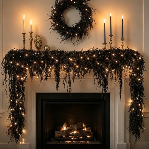 Spooky Chic: Halloween Fireplace Decor Set 1m/1.5m/1.7m/2.7m Black Halloween Garland with Lights Home Indoor Seasonal Party Decorations (1.8m)