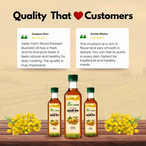 Vedic Farm Wood Pressed Mustard Oil | Kachi Ghani Cold Pressed Sarso Oil | 100% Pure & Natural | Traditional Kolhu Extraction | Strong Aroma | Chemical Free Cooking Oil | Ideal for Pickles & Indian Dishes (1, 500, gram) 2