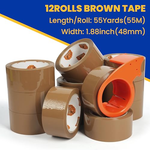 Image of TAPEBEAR Brown Packing Tape with Dispenser, 2.6mil Thick, 1.88 inch x 55Yard