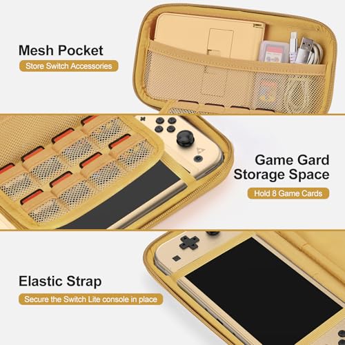 Image of innoAura Switch Lite Case 18-in-1 Accessories Bundle for NS Switch Lite (2019), with Protective Carrying Case, Game Holder, Screen Protector & Cute Thumb Grips, Golden