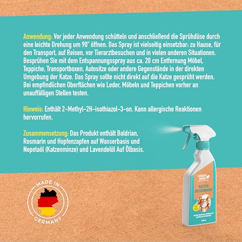 Green Hero Entspannungsspray 500 ml für Katzen enthält beruhigende Duftstoffe wie Baldrian, Lavendel und natürliche Katzenminze für Wohlbefinden und Entspannung