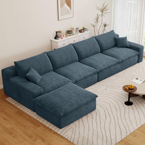 Image of 136 inch Cloud Couch Modular Sectional Sofa for Living Room, L-Shape Boneless Couch with Deep Seat, Modern Corduroy 6-Seater with Ottoman, No Assembly Required,Blue