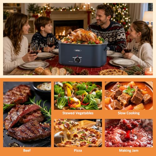Image of Sunvivi Roaster Oven 28QT, Electric Roaster Pan with Lid for Large Turkey | Self-Basting & Glass Viewing Lid, Removable Pan, 150-450F Temp Control, for Baking Slow Cook Defrost Warm Turkey Up to 28lb