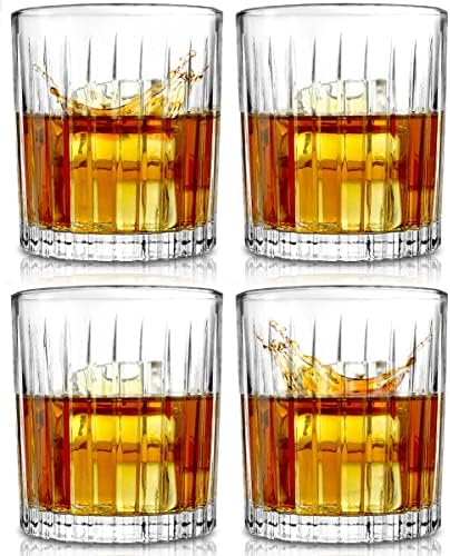 E ELIDOMC Set of 4 Bourbon Glasses with Luxury Satin-Lined Gift Box, Vertical Stripe Whiskey Glasses with Thick Base Bottom, Premium Cocktail Glasses for Drinking Whiskey Cocktail Bourbon