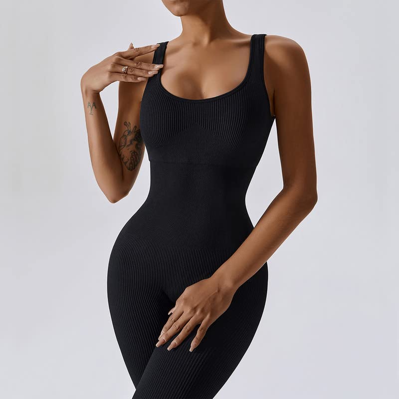 Litthing Tuta Intera Donna Sportiva Aderente Sexy Scollo Quadrato Completo per Yoga Senza Maniche Nero Jumpsuit Palestra Abbigliamento Costine Elastico Tutina Sportivo
