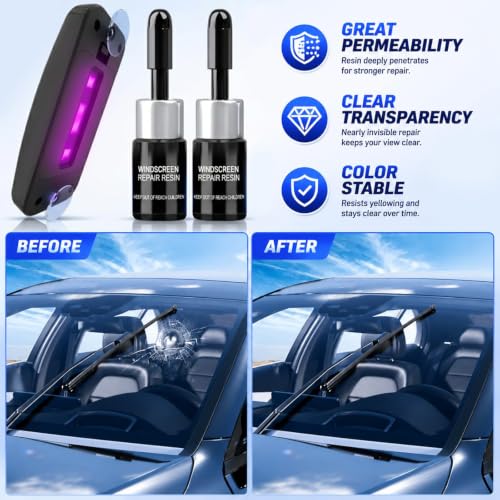 Image of Windshield Chip Repair Kit, Car Glass Windshield Repair Kit with UV Curing Light, Glass Crack Repair Tools, Cracks Gone Glass Repair Kit, Nano Fluid Windscreen Repair Kit for Chips and Cracks(Navy)