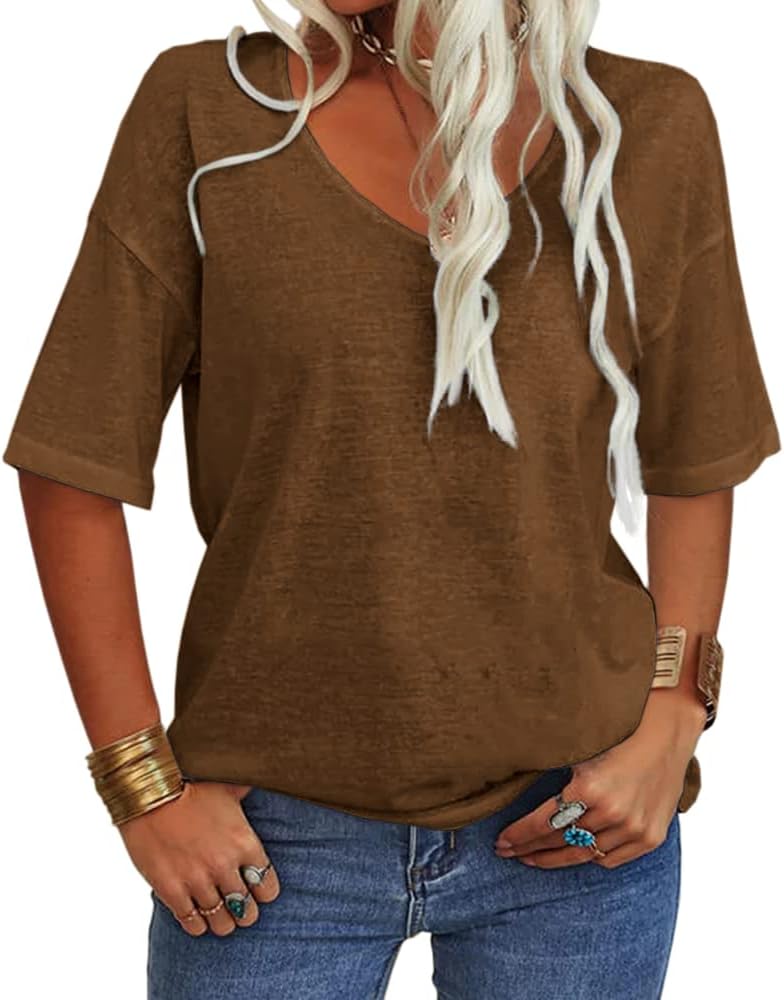 Tankaneo Women's 3/4 Sleeve Shirts V Neck Loose Fitting Tops Casual Solid Color Tshirts Trendy Basic Tunic Summer Ladies Tops