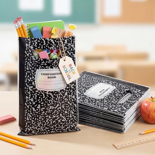 Saypacck 50 Pcs Back to School Gift Bags Composition Notebook Plastic Goodie Bags Bulk First Day of School Party Favors for Preschool Kindergarten Classroom Decor Teacher Student Gifts Wrapping Supply