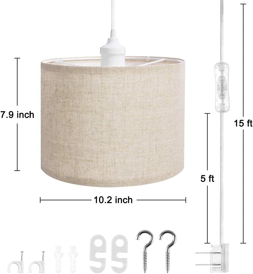 QITIM 2 Pack Plug in Pendant Light, Hanging Light with Plug in 15FT Clear Cord, Beige Linen Shade, On/Off Switch, Ceiling Light for Bedroom, Living Room, Dining Table, Basement