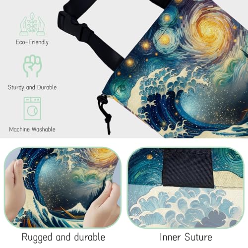 Image of Sea Wave Car Trash Bag,Night Starry Sky Hanging Drawstring Car Garbage Bag,Waterproof Canvas Car Back Seat Organizer with Adjustable Buckle,for Vehicles,SUVs,Camping,Road Trips