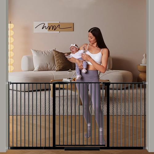 Image of DEARBB Extra Wide Baby Gate Ultra Narrow Spacing 30.11-77.36 inch Pressure Mounted Double Lock Swing Auto Close Walk Through Metal Safety Pet Gate for Stairs and House Doorway Kitchen