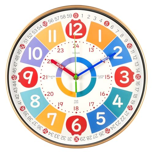Vicloon Horloge Murale Enfants, 30cm Horloge d'apprentissage Colorée sans Tic-Tac, Horloges Murale Analogique pour Apprendre à Lire L'heure, pour Chambre...