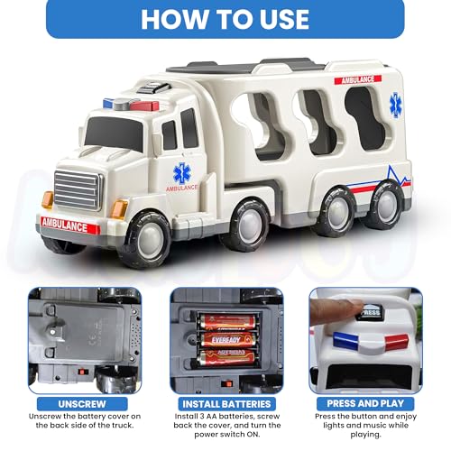Image of Kidology 5 in 1 Ambulance Truck Toys for Kids Ages 3+ Years - Friction-Powered Cars with Light & Music, Educational Transport Truck Toy Vehicle for Boys & Girls, Birthday Gift