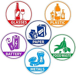 6 Pieces Recycle Sticker Decal for Trash Can, Re-Adjustable Waterproof Bin Labels Paper Metal Plastic Glass Waste Sorting Recycling Sticker Sign for Use in Home and Office